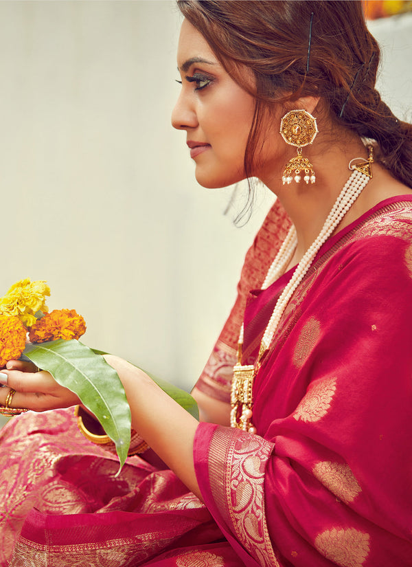 Women's Red Cotton Woven Work Traditional Saree - Sangam Prints