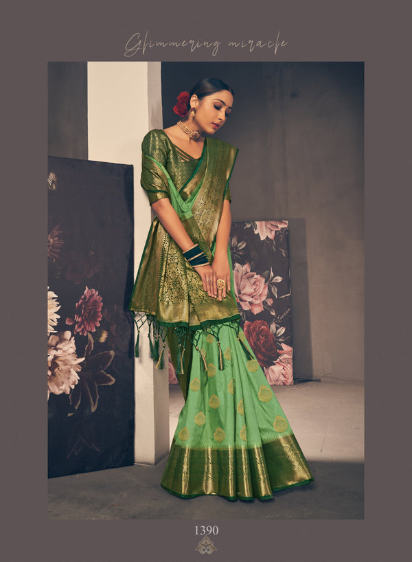 Women's Light Green Silk Woven Work Traditional Saree - Sangam Prints