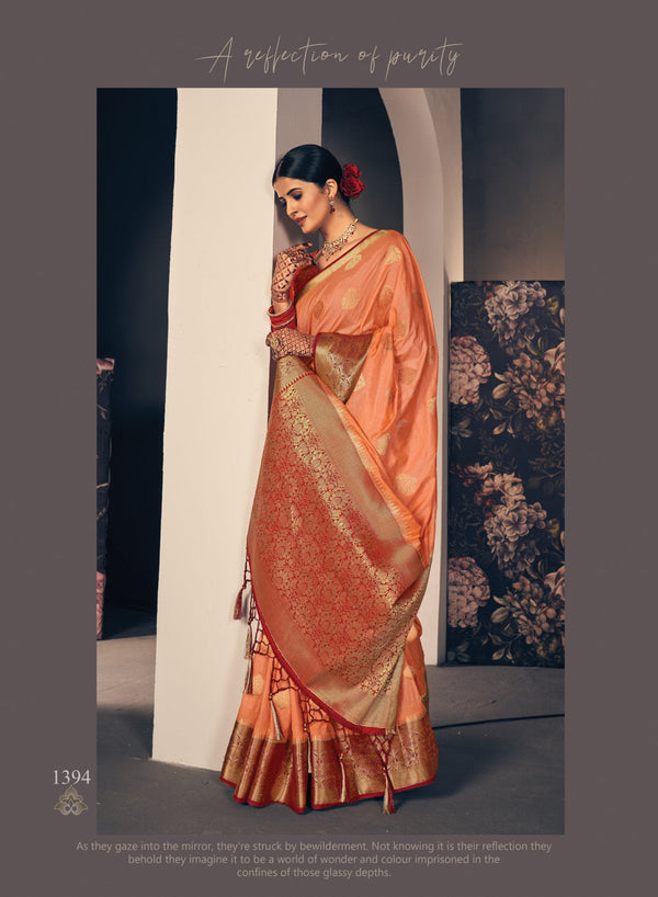 Women's Orange Silk Woven Work Traditional Saree - Sangam Prints