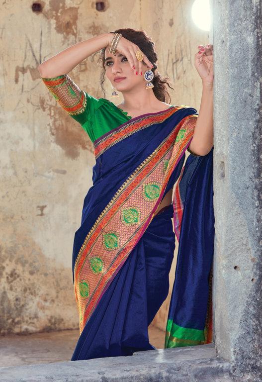 Women's Navy Blue Handloom Silk Woven Work Traditional Saree - Sangam Prints