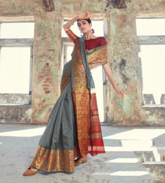 Women's Grey Handloom Silk Woven Work Traditional Saree - Sangam Prints