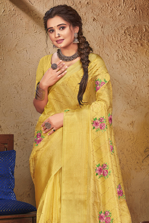 Women's Yellow Organza Embroidery With Stone Work Traditional Tassle Saree - Sangam Prints