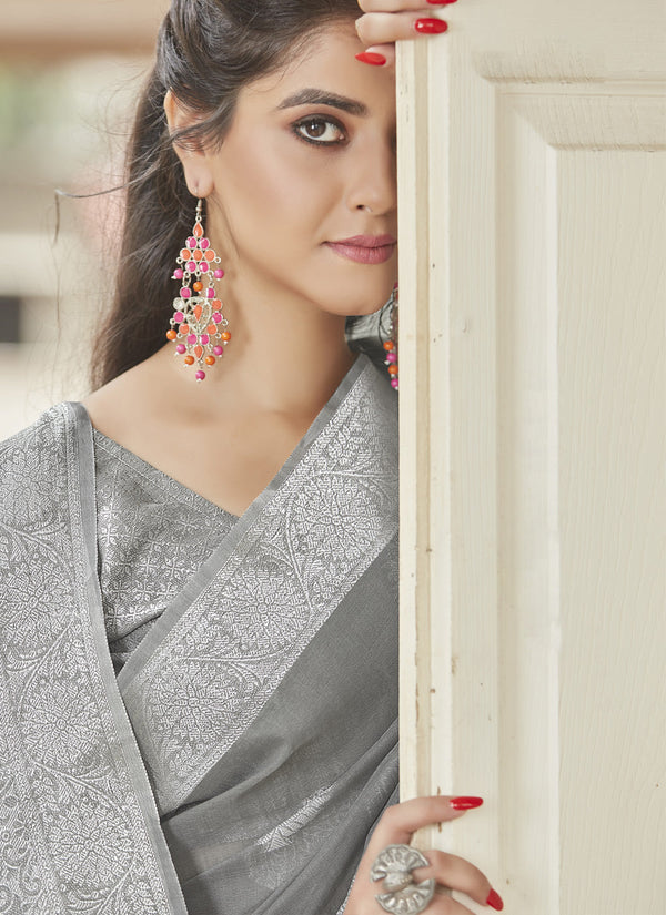 Women's Grey Color Linen Sarees - Sangam Prints