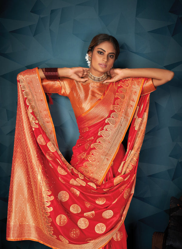 Women's Red Silk Siroski Stone Work Traditional Tassle Saree - Sangam Prints