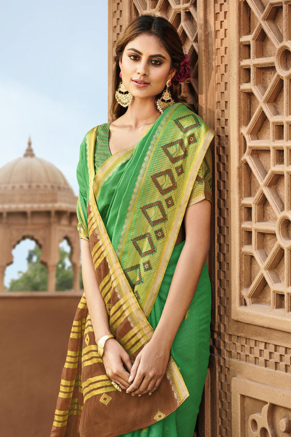 Women's Green Cotton Woven Rich Pallu Work Traditional Saree - Sangam Prints