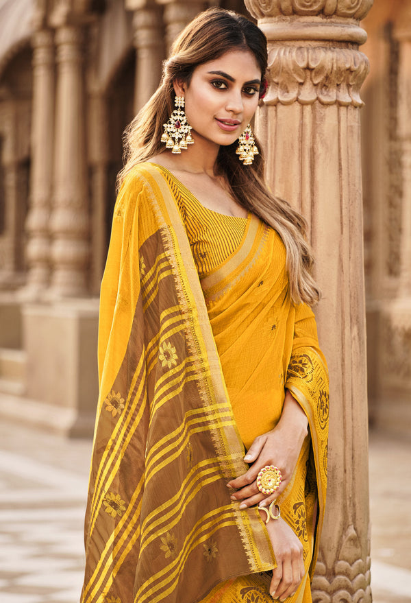 Women's Yellow Cotton Woven Rich Pallu Work Traditional Saree - Sangam Prints