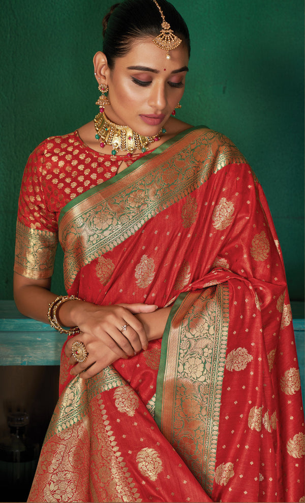 Women's Red Silk Woven Work Traditional Saree - Sangam Prints