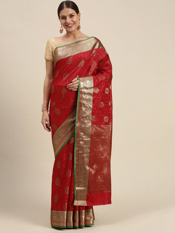 Women's Red Silk Woven Work Traditional Saree - Sangam Prints