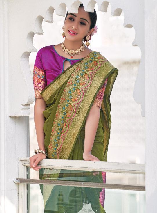 Women's Green Khadi Silk Woven Work Traditional Saree - Sangam Prints