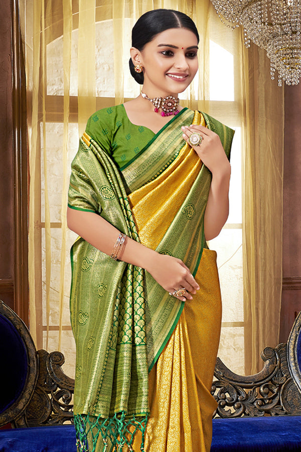 Women's Yellow Silk Woven Zari Work Traditional Tassle Saree - Sangam Prints