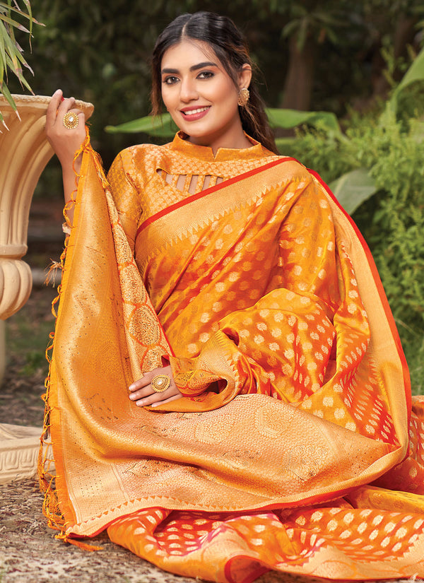 Women's Mustard Yellow Organza Woven Zari Work Traditional Tassle Saree - Sangam Prints