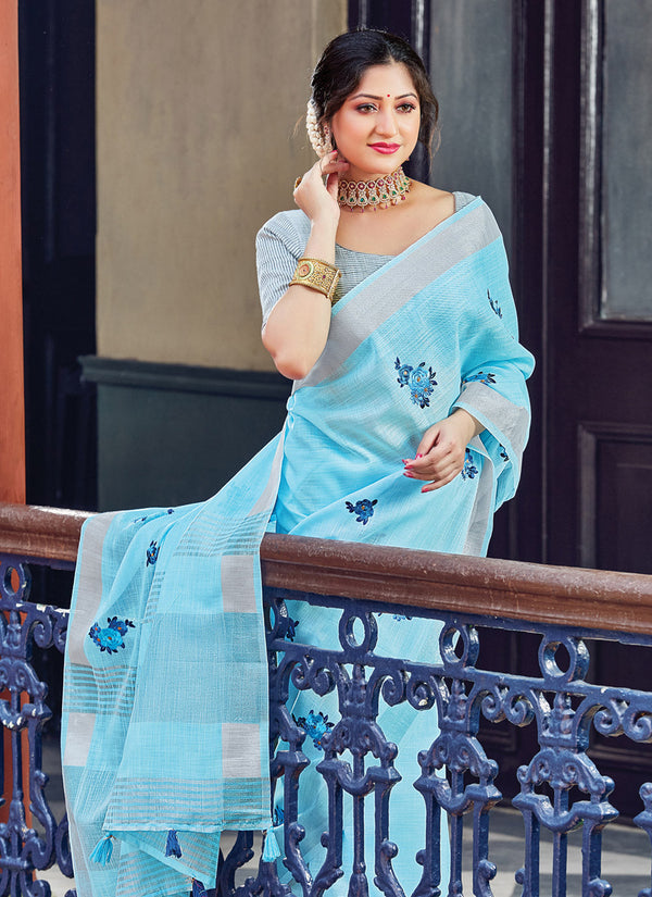 Women's Sky Blue Linen Woven Work Traditional Tassle Saree - Sangam Prints