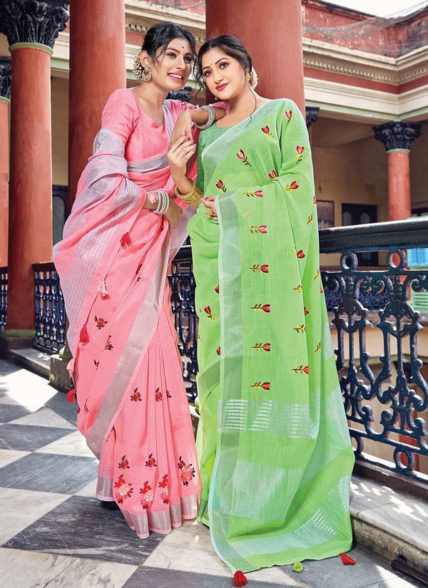 Women's Light Green Linen Woven Work Traditional Tassle Saree - Sangam Prints