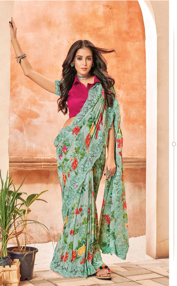 Women's Sangam Prints Sea Green Georgette Printed Traditional saree - Sangam Prints