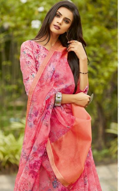 Women's Pink Organza Digital Print Traditional Saree - Sangam Prints