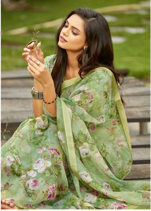 Women's Light Green Organza Digital Print Traditional Saree - Sangam Prints