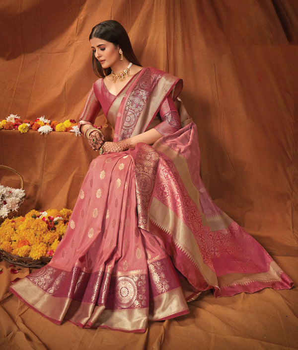 Women's Peach Silk Woven Work Traditional Saree - Sangam Prints