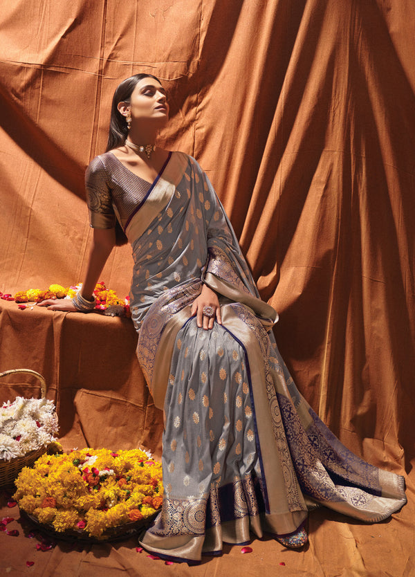 Women's Grey Silk Woven Work Traditional Saree - Sangam Prints