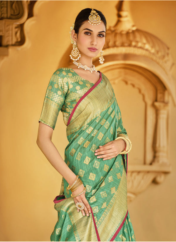 Women's Light Green Cotton Handloom Woven Work Traditional Tassle Saree - Sangam Prints