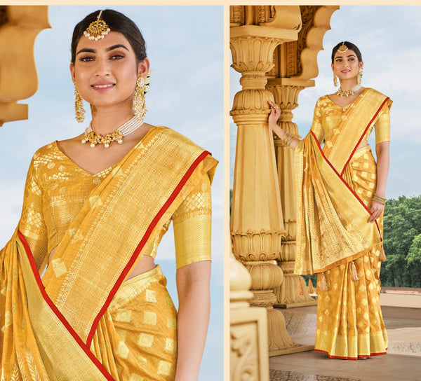 Women's Yellow Cotton Handloom Woven Work Traditional Tassle Saree - Sangam Prints