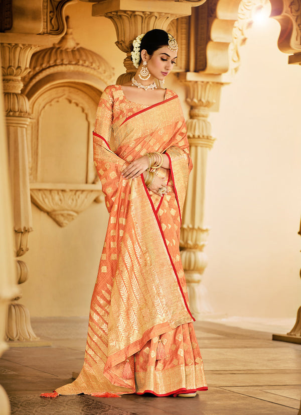 Women's Orange Cotton Handloom Woven Work Traditional Tassle Saree - Sangam Prints