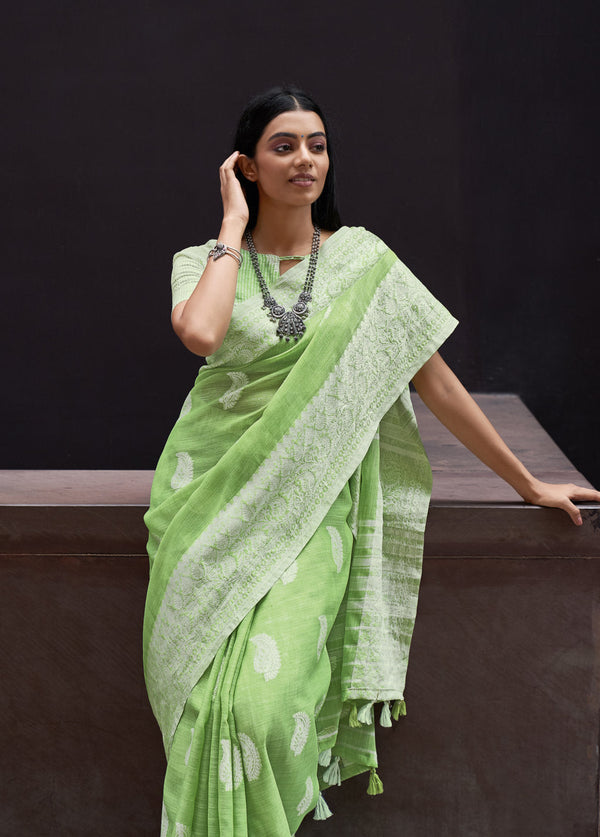 Women's Sangam Prints Light Green Linen Thread Work Traditional Tassle saree - Sangam Prints