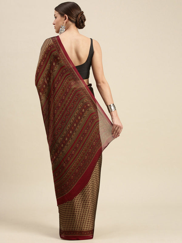 Women's Beige & Maroon Crepe Printed Daily Wear Saree - Sangam Prints