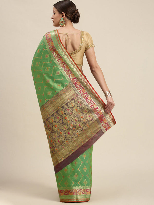 Women's Green Silk Woven Work Traditional Saree - Sangam Prints