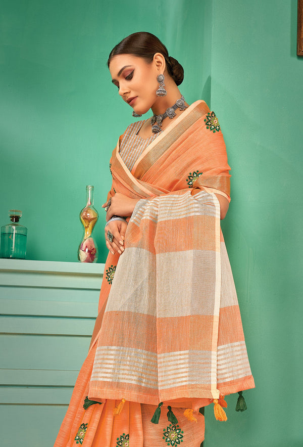 Women's Orange Linen Thread Woven Work Traditional Tassle Saree - Sangam Prints