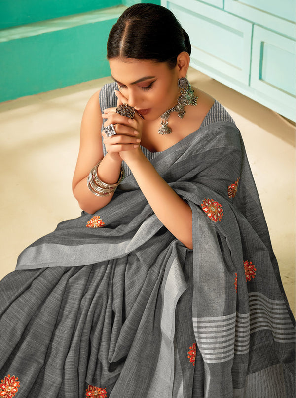 Women's Grey Linen Thread Woven Work Traditional Tassle Saree - Sangam Prints