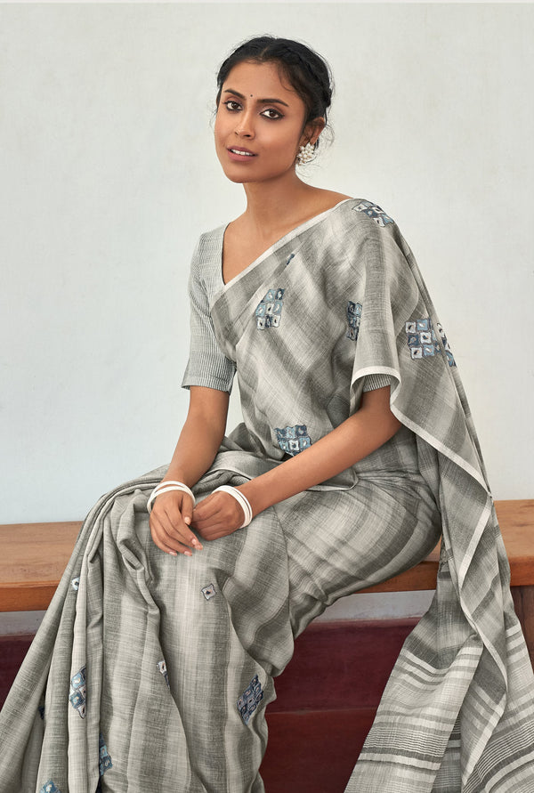 Women's Grey Linen Woven Work Traditional Tassle Saree - Sangam Prints