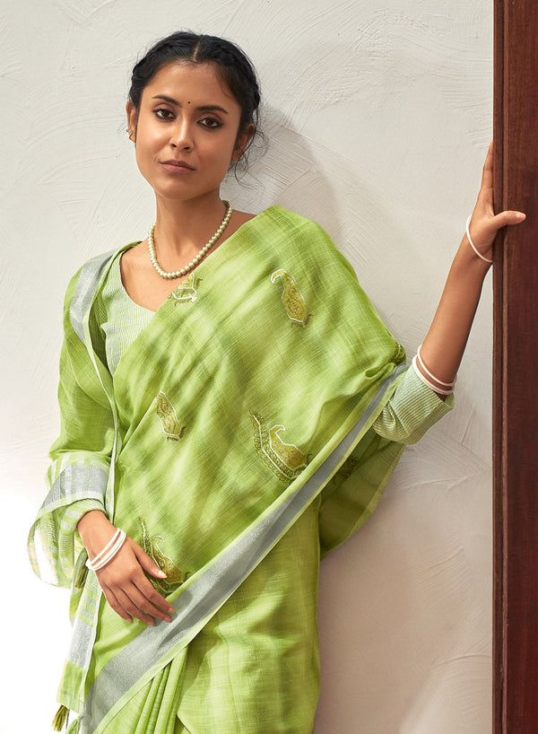 Women's Light Green Linen Woven Work Traditional Tassle Saree - Sangam Prints