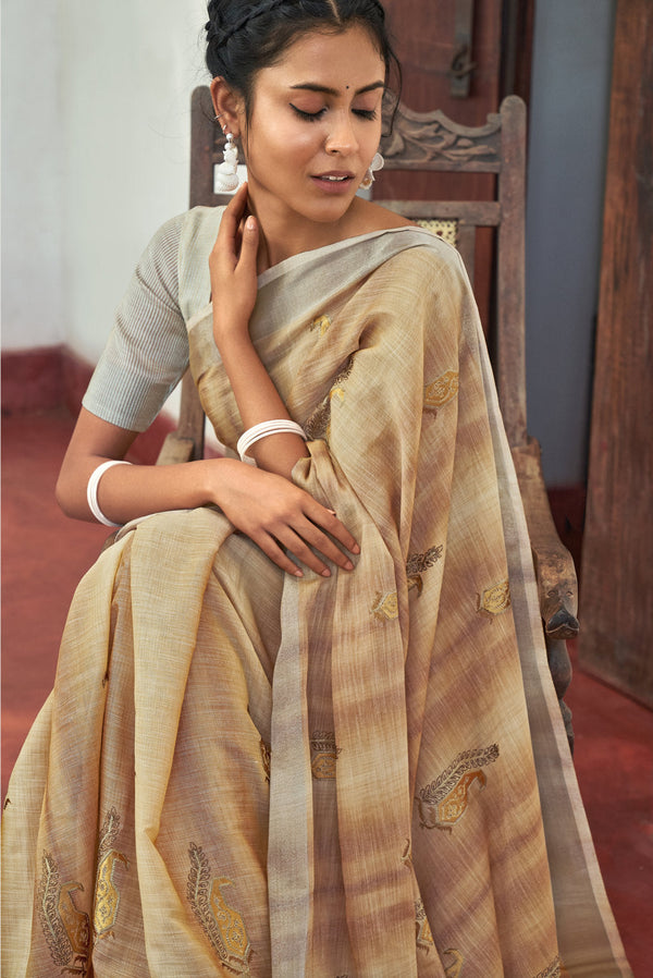 Women's Cream Linen Woven Work Traditional Tassle Saree - Sangam Prints