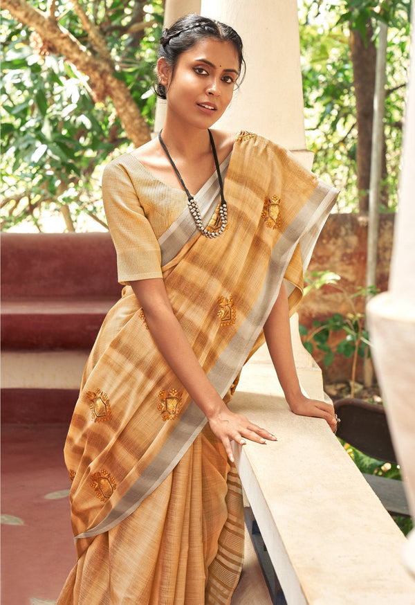 Women's Beige Linen Woven Work Traditional Tassle Saree - Sangam Prints