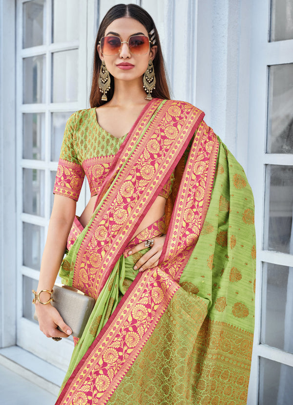 Women's Light Green Cotton Handloom Woven Work Traditional Tassle Saree - Sangam Prints