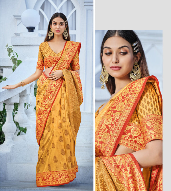 Women's Yellow Cotton Handloom Woven Work Traditional Tassle Saree - Sangam Prints