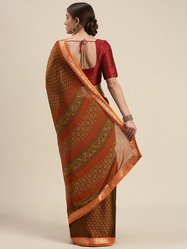 Women's Brown Crepe Printed Daily Wear Saree - Sangam Prints