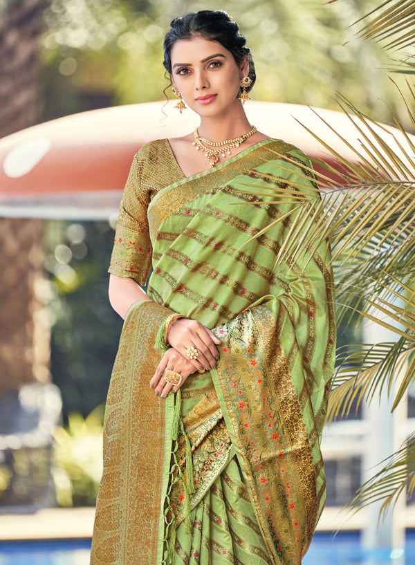 Women's Light Green Organza Woven Rich Pallu Work Traditional Tassle Saree - Sangam Prints