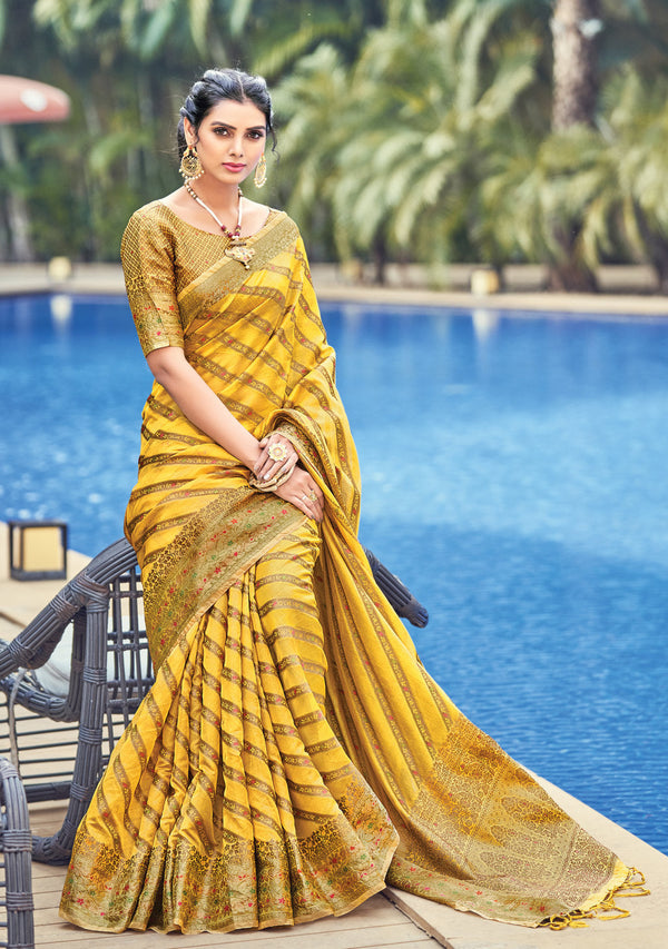 Women's Yellow Organza Woven Rich Pallu Work Traditional Tassle Saree - Sangam Prints