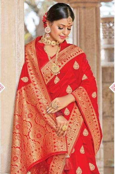 Women's Red Pure Silk Woven Work Traditional Tassle Saree - Sangam Prints