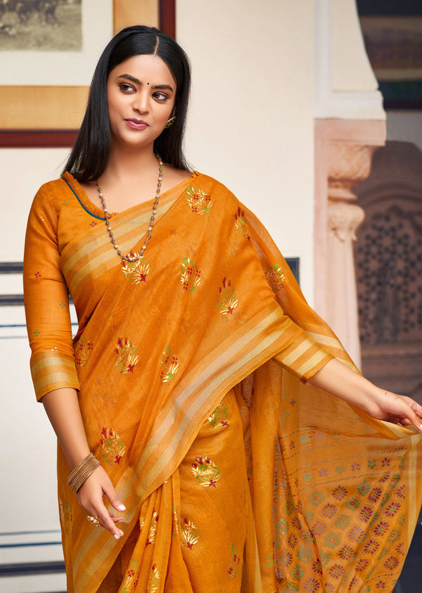 Women's Mustard Chanderi Wover Work Traditional Saree - Sangam Prints