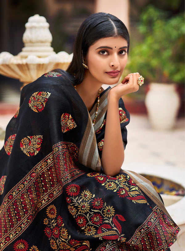 Women's Black Chanderi Wover Work Traditional Saree - Sangam Prints