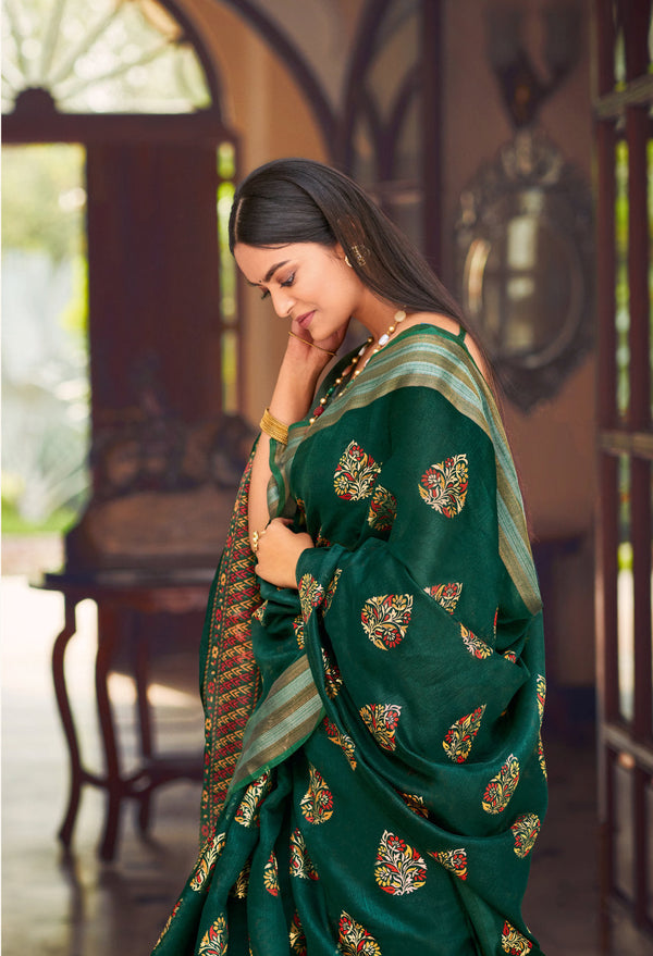 Women's Dark Green Chanderi Wover Work Traditional Saree - Sangam Prints