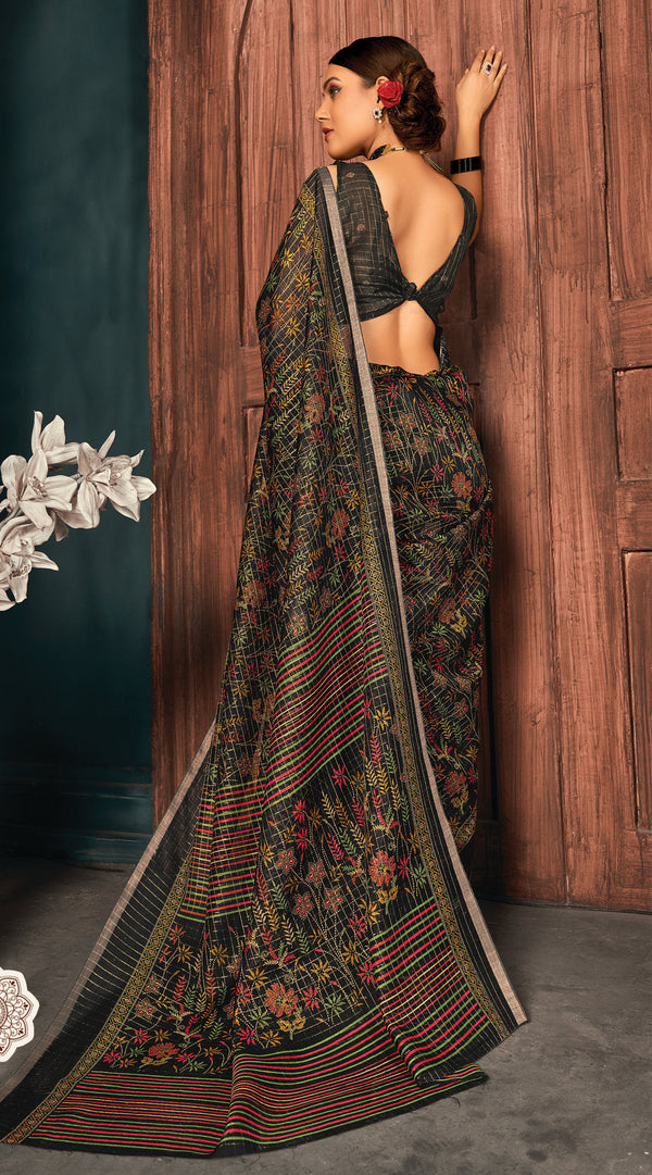 Women's Black Cotton Thread Woven Work Traditional Saree - Sangam Prints