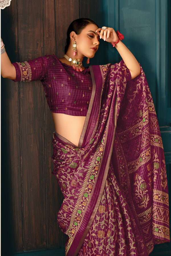 Women's Purple Cotton Thread Woven Work Traditional Saree - Sangam Prints