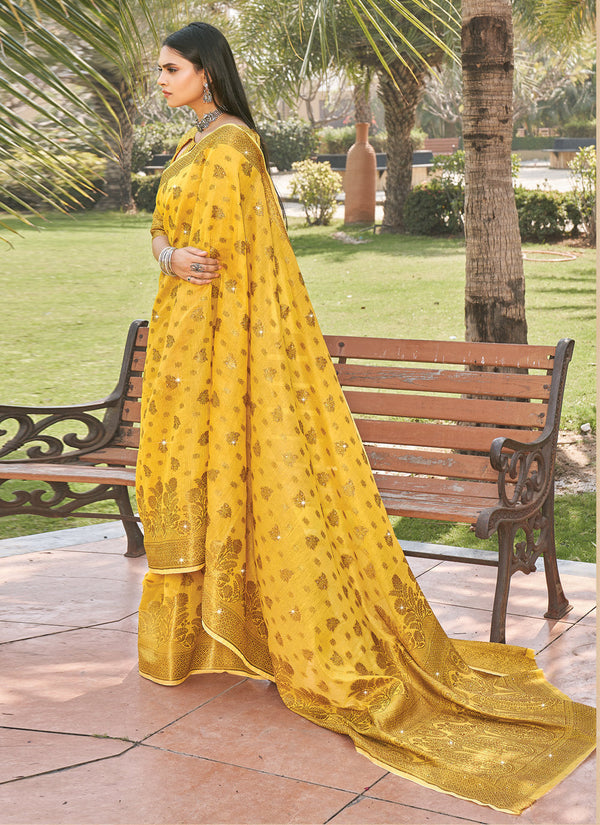 Women's Yellow Cotton Siroski Stone Work Traditional Saree - Sangam Prints