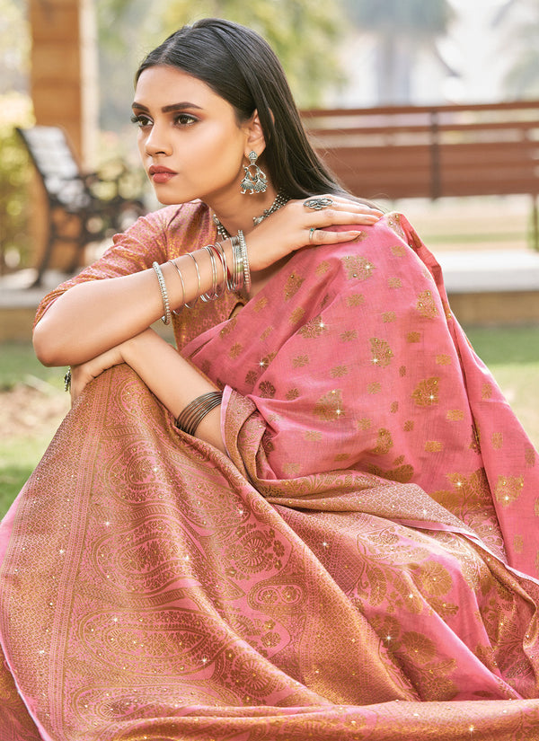 Women's Pink Cotton Siroski Stone Work Traditional Saree - Sangam Prints