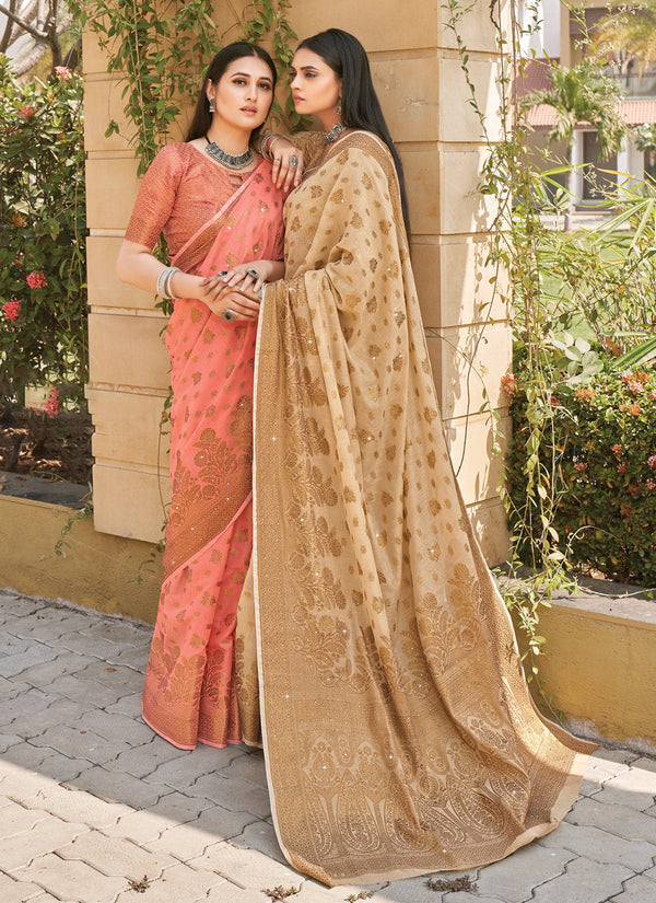 Women's Beige Cotton Siroski Stone Work Traditional Saree - Sangam Prints