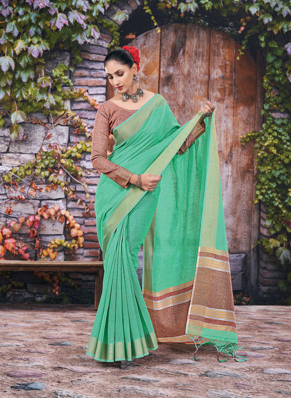 Women's Ramm Green Linen Woven Work Traditional Tassle Saree - Sangam Prints