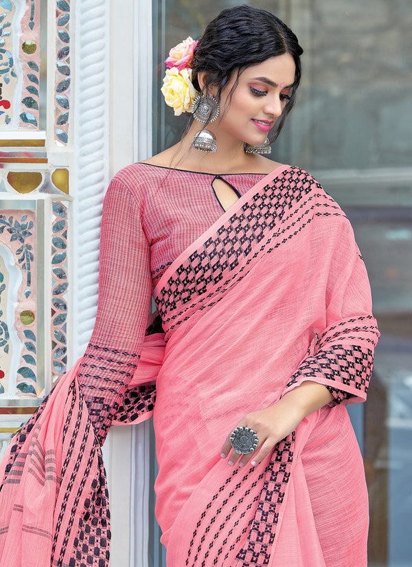 Women's Pink Linen Woven Work Traditional Tassle Saree - Sangam Prints